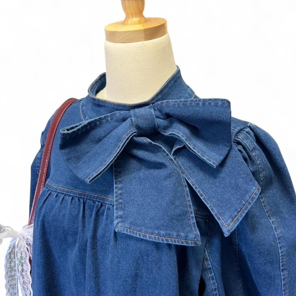 Sugar Lips Denim Bow Dress Aura Jacey Size Large Boho Preppy Western - Picture 4 of 8